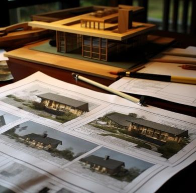 Architekturmodell eines Gebäudes auf ausgedruckten Bauplänen