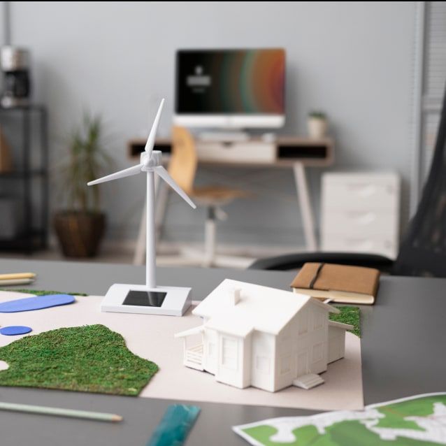Architekturmodell eines Hauses auf einem Schreibtisch neben einem kleinen Windrad-Modell