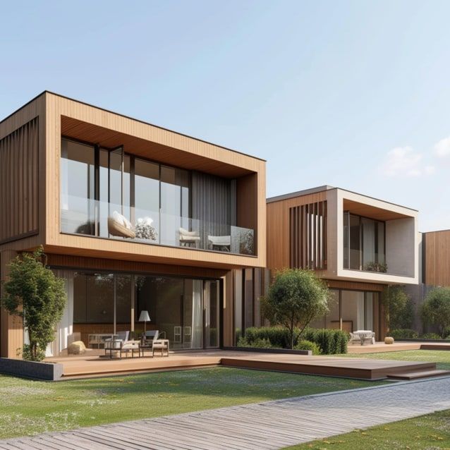 Moderner zweigeschossiger Neubau mit Holzfassade und großen Fenstern